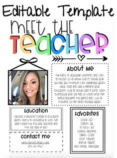 a teacher's flyer with an image of a woman in the middle and text that reads, editable template meet the teacher about me