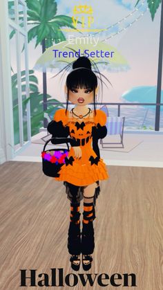 a girl dressed in an orange dress and black boots