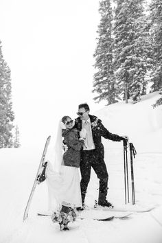 Black and white photo. Bride and groom on skis. Snow falls on the ski trail and pine trees covered in snow! Mountain Snow Wedding, Aspen Winter Wedding, Killington Vermont Skiing, December Elopement