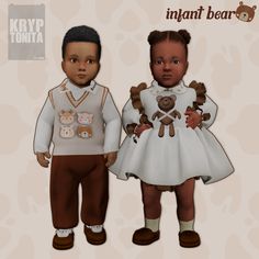 two children dressed up in white and brown outfits with teddy bears on their chest, standing next to each other