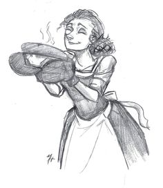 a pencil drawing of a woman holding a pot with steam coming out of her mouth