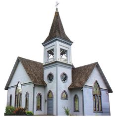 an old white church with a steeple and stained glass windows on the top floor