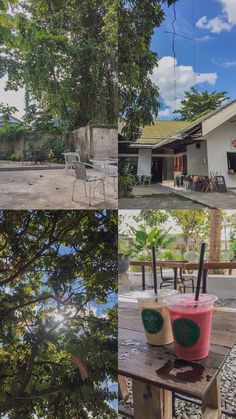 two different shots of the outside of a house and in front of a tree with chairs