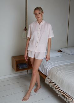 "Linen pajama top with short sleeves, nice round collar and linen lace around collar, sleeves bottom cuff and both sides of fastening. Just for your comfortable and calm sleep. Nina laced pajama made in lightweight (140 g/m2) soft and silky touch linen Enjoy your cozy evenings time in natural, sustainable and comfortable LGlinen loungewear In this eco friendly and simply attractive sleepwear you will feel yourself cozy and comfortable. Shirt center back length - 24\" (61cm) Item quality - washed Linen Sleepwear, Sleepwear For Women, Linen Pajamas, Lace Decor, Women's Nightgowns, Womens Pyjama Sets, Luxury Linen, Pajama Shirt, Pajama Top