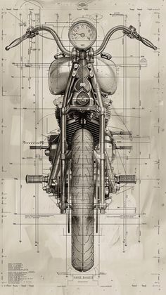 a drawing of a motorcycle is shown in black and white, with blueprints