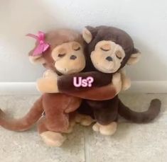 two stuffed monkeys hugging each other with the word us? written on it's chest