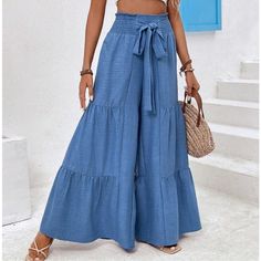 Boho Blue Wide Leg High Waisted Tie Front Pants S M L Xl, 100% Polyester, Ships In 7-8 Days Bohemian High Waist Denim Blue Pants, Bohemian High-waist Denim Blue Pants, Bohemian Blue Pants For Vacation, Blue Bohemian Wide-leg Pants, Bohemian Blue Wide-leg Pants, Blue Ankle-length Pants For Spring, Blue Ankle-length Spring Pants, Blue Bohemian Wide Leg Pants For Vacation, Blue Ankle-length Bottoms For Spring