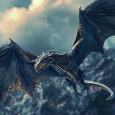 a large black dragon flying over a rocky mountain side under a cloudy sky with white clouds