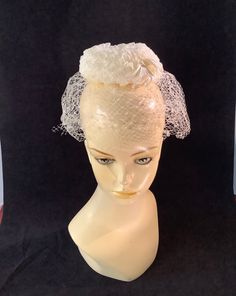 SOMETHING OLD SIMPLE ELEGANCE Vintage Ruffled Ribbon Bun Hat With Cropped Veil Netting. Beautiful and unique little mid-century wedding veil or formal head topper.  This mini half hat has a bow in the back and a double layer of netting.  Each layer of the netting is a different design. This little fascinating hat is in very nice pre-owned vintage condition. Ribbon Bun, Bun Hat, Wedding Hats, Something Old, Wedding Veil, Simple Elegance, Double Layer, Veil, Accessories Hats