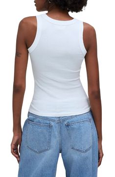 Slim, sexy and streamlined, the brand's best-selling tank is made from supersoft rib and has a high neckline and cutaway shoulders. 23 1/2" length (size Medium) Crewneck Cutaway shoulders 95% Supima® cotton, 5% elastane Machine wash, tumble dry Imported High Stretch Sleeveless Camisole For Spring, Spring High Stretch Sleeveless Camisole, High Stretch Ribbed Tank Top For Spring, Spring Ribbed High Stretch Tank Top, Casual Solid Color Tank Halter Top, Casual Solid Halter Tank Top, Trendy Ribbed Summer Vest, Trendy Fitted Racerback Vest, Fitted Seamless Tank Top For Everyday