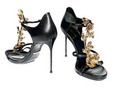 New Roberto Cavalli 3 D Gold Tone Flowers Embellished T-Strap Sandals It 38 US 8 For Sale at 1stDibs | vintage roberto cavalli heels, italian size 38 to us, scorpion heels Elegant Embellished T-strap Sandals, Luxury T-strap Sandals For Evening, Velvet Thigh High Boots, Vintage Roberto Cavalli, Vintage Brands, Thigh High Heels, Leather High Heel Boots, Thigh High Boots Heels, Leather High Heels