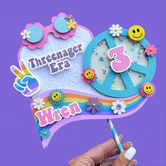 This listing is for a personalized In my Threenager Era Cake Topper, is perfect touch to your Little Miss Threenager Party. This Cake Topper is perfect to use on cakes or centerpieces for Groovy Themed Party. ↪ ITEM/DESCRIPTION: *High quality cardstock with multiple 3D layers. *Dimensions: 7.7" x 7.4" approx. (not measuring the stick/straw) *Single sided cake topper. *Colors can be customized. ↪ MATCHING GROOVY ITEMS: *Cupcake Toppers: https://bychanashop.etsy.com/listing/1600553661/groovy-cupca Groovy Themed Party, Groovy Banner, Groovy Cake Topper, Groovy Cake, Happy Birthday Banner, Cupcake Topper