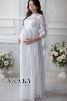 Lasaky - Sophisticated Chiffon Maternity Maxi Dress with Exquisite Lace Stitching Fitted Chiffon Maxi Dress With Lace Trim, Flowy White Dress With Lace Bodice, Elegant Maternity Flowy Gown, Elegant Flowy Dresses With Lace Patchwork, White Lace Maternity Dress For Party, Elegant White Maternity Gown, Elegant Flowy Maternity Gown, Elegant Non-stretch Dresses With Lace Patchwork, Elegant Lace Patchwork Dress