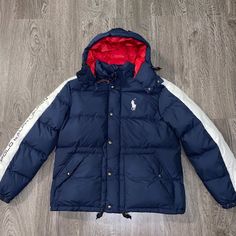 Polo Ralph Lauren Navy Red Usa #18 Big Pony Down Hooded Puffer Jacket Coat Sporty Red Outerwear With Detachable Hood, Red Hooded Outerwear With Fleece Lining, Red Winter Outerwear With Detachable Hood, Red Long Sleeve Outerwear With Detachable Hood, Sporty Red Hooded Puffer Jacket, Red Puffer Jacket With Detachable Hood, Red Hooded Puffer Jacket With Pockets, Red Hooded Puffer Jacket With Detachable Hood, Hooded Red Sport Coat For Winter