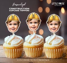 three cupcakes with construction hats on them