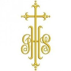 a cross with the letter s on it is shown in gold and white embroidery design