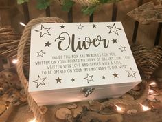 a white box with silver stars on it