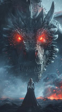 a woman standing in front of a dragon with red eyes on it's face