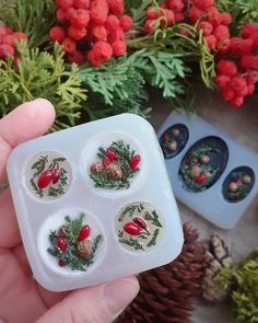 a person holding an ice tray with christmas decorations on it and pine cones in the background