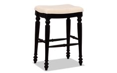 a black stool with white upholstered seat