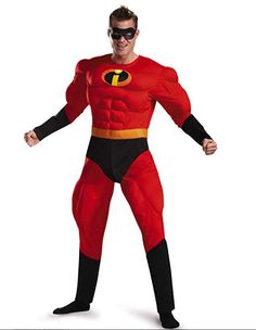 a man in a red and black costume is posing for the camera with his hands on his hips