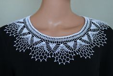 "White lace hand crocheted collar is made from 100%  cotton yarn. Elegant and feminine white hand crochet lace collar. Great gift idea.  Ready to ship MATERIAL: 100% Cotton SIZE:  circumference (internal circle length): 22.8'' (58 cm) width: 3.5\" (9 cm).  COLOR: white Color may vary due to monitor settings. CARE: Hand wash in lukewarm water. Don't twist. Lay flat to dry. Thank You for looking IMPORTANT:  It can take 1-3weeks for parcel to arrive." Elegant White Crochet Top With Lace Work, Elegant White Crochet Lace Top, White Handmade Crochet Top, Elegant White Crochet Necklace, Crocheted Collar, White Lace Collar, Crochet Lace Collar, Cotton Necklace, Bib Collar