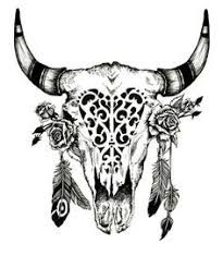 a bull skull with feathers and roses on it's head is drawn in black ink