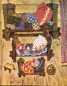 an illustration of a bed with many blankets and pillows on it, in the middle of a wood floor