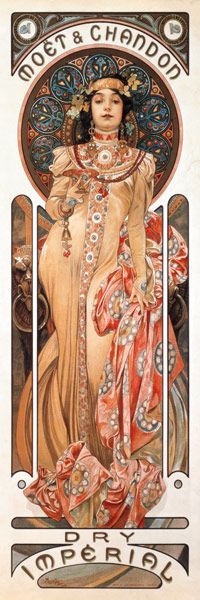 an art nouveau poster with a woman in gold