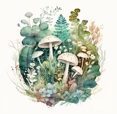 a painting of mushrooms and plants in the woods