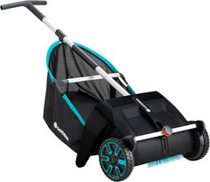 a black and blue push mower with wheels on it's front wheel is shown