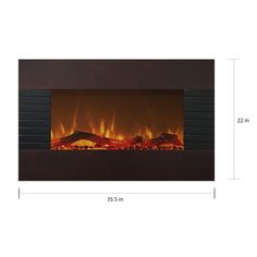 an electric fireplace with flames on the side and measurements for each fire place in front