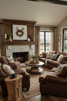 a living room with couches, chairs and a fire place in the fireplace area