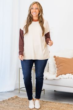 Enjoy cheerful moments throughout the season in this lovely top! This stretchy and comfy top features a unique colorblock pattern, adding a playful touch to your wardrobe! Say goodbye to boring outfits and hello to chic style! 52% Viscose, 28% Polyester, 20% Nylon Trendy Contrast Color Tops For Loungewear, Oversized Contrast Color Top For Fall, Oversized Tops With Contrast Color For Fall, Color Block Relaxed Fit Tops For Everyday, Chic Tops With Contrast Color For Fall, Color Block Tops For Fall Layering, Beige Casual Tops With Contrast Color, Chic Beige Color Block Tops, Fall Color Block Beige Top