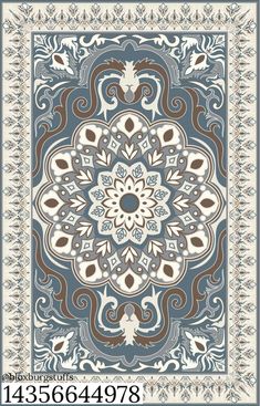 a blue and brown rug with an ornate design