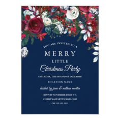 the merry little christmas party card is shown in red, white and blue with flowers on it