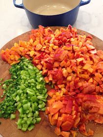 chopped up vegetables on a cutting board next to a pot