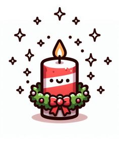 a cartoon candle with holly wreaths and stars around it