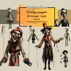 several creepy puppets are posed in various poses