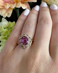 14k yellow gold Pink Sapphire and diamond ring. Center is 2.43 ct Pink Sapphire 7.38x8.44mm Diamonds are SI and GH color TWT 0.60 ct Ring size is 6.5 Will size at no charge  Will write an appraisal for insurance purposes upon request. Pink Sapphire Bezel Ring, Pink Sapphire And Diamond Engagement Ring, Sapphire Bezel Ring, Pink Saphire, Pink Rings, Pink Sapphire Jewelry, Pretty Accessories, Jewelry Girl, Pink Sapphire Ring