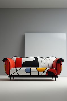 a colorful couch sitting on top of a white floor next to a wall with a painting on it