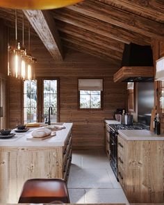 a large kitchen with wooden walls and ceiling