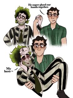 the joker and his clown friends are all dressed up in striped clothing, one with green hair