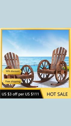 two wooden rocking chairs sitting on top of a deck next to the ocean with text hot sale