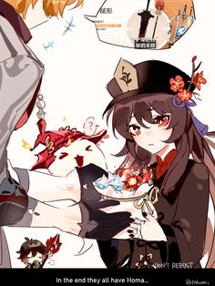 an anime character holding a plate with food on it, and another person standing next to her