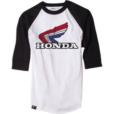 White/Black Honda Racing, Organization Diy, Apparel Merchandising, T Shirts Men, Motorcycle Outfit, Baseball Shirt, Vintage Baseball, Baseball Shirts, Baseball T Shirts