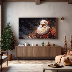 a living room filled with furniture and a christmas painting hanging on the wall above it