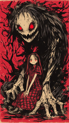 an illustration of a woman and a creepy monster with red eyes sitting on the ground