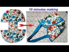 the instructions for making an oven mitt with flowers and blue trimmings on it