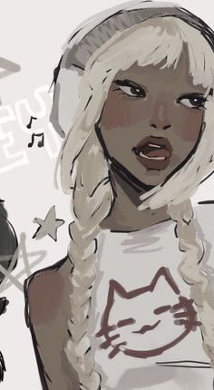 a drawing of a woman with white hair and cat ears on it's head